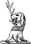 A talbot's head erased gules, eared or, gorged with a collar chequy or and azure, holding in the mouth the attire of a stag of the second