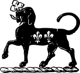 a talbot passant sable, charged on the body with two fleurs-de-lis or, holding in the mouth a trefoil slipped vert.